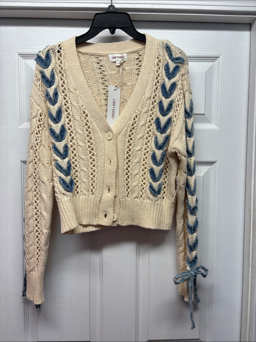 DRIFTWOOD Cream Tie Together Cardigan with Blue Braid Detail Sz M New